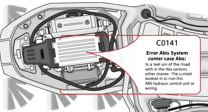 A detailed illustration of a car's ABS (Anti-lock Braking System) with a focus on the error code C0141. The image should show the ABS components such as the ABS control module, wheel speed sensors, and hydraulic control unit. Highlight the specific area related to the C0141 error, which is typically associated with a malfunction in the ABS hydraulic control unit or a wiring issue. Use a technical and precise style to depict the components and their connections.