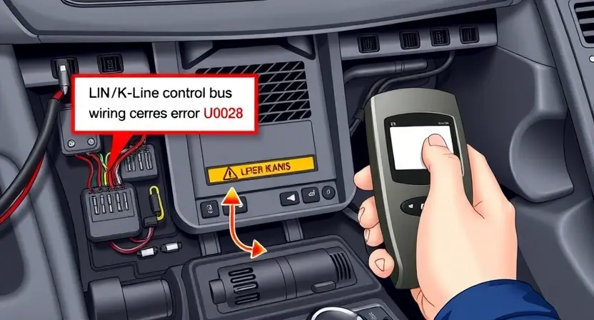 A high-quality technical illustration showing a car's electronic control unit with highlighted LIN/K-Line bus wiring, a warning sign indicating error U0028, and a mechanic's hand holding a diagnostic tool, all rendered in a clear, detailed style suitable for automotive repair documentation