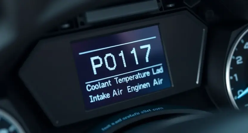A close-up, detailed illustration of a car engine diagnostic screen displaying "P0117" error code. The screen should show related data like engine coolant temperature and intake air temperature. Focus on the digital display and relevant engine components subtly visible in the background.