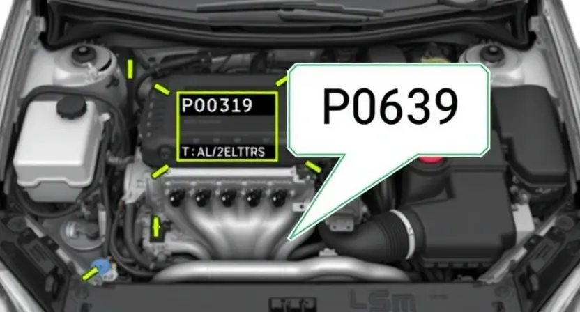 A detailed illustration of a car's engine bay, highlighting the diagnostic trouble code (DTC) P0639. Include visual representations of the relevant components like the transmission control module (TCM), sensors, and wiring. The image should clearly show the P0639 code displayed on a dashboard or diagnostic screen.
