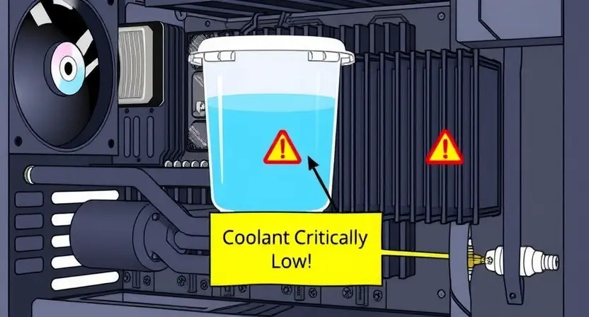 A detailed illustration of a computer's cooling system, specifically highlighting the coolant level. Show a close-up of the reservoir, radiator, and pump, with a clear visual representation of the coolant level being critically low. Include warning signs or indicators on the system's components.
