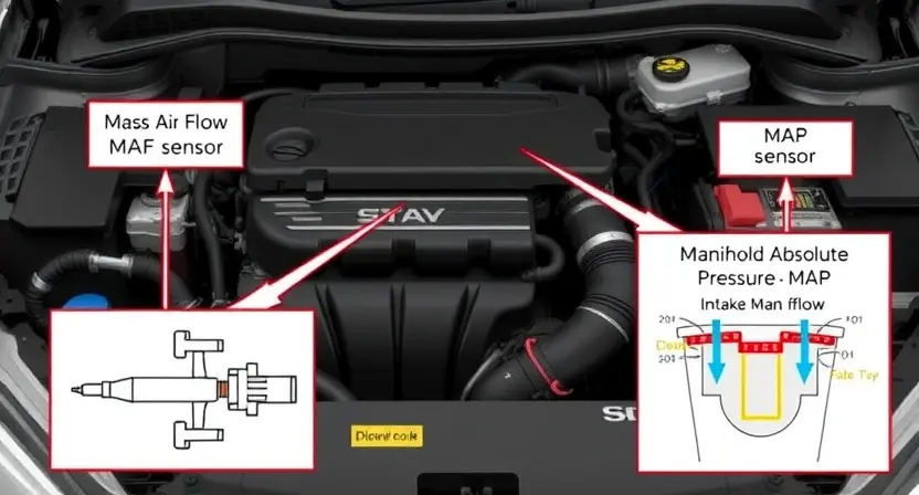 A detailed illustration of a car's engine bay, highlighting the Mass Air Flow (MAF) sensor and the Manifold Absolute Pressure (MAP) sensor. Arrows should point to each sensor, with labels clearly indicating their names. A simplified diagram showing the airflow path and pressure within the intake manifold would be beneficial. The image should convey the sensors' location and their role in engine management.