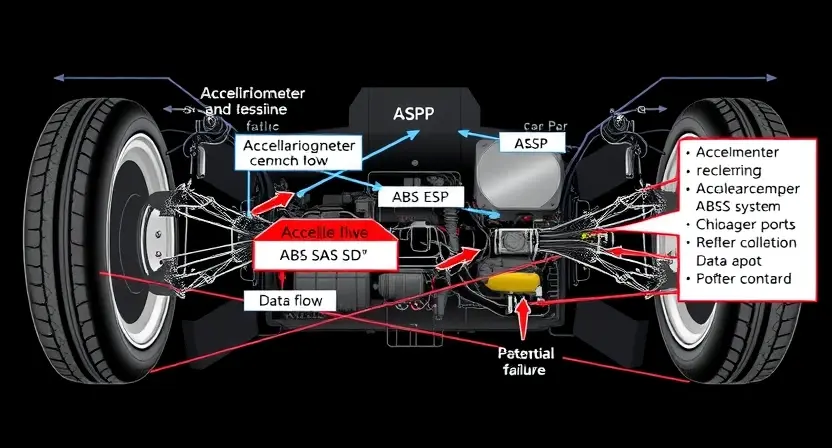 A detailed schematic diagram illustrating a car's undercarriage with a focus on the accelerometer and its connection to the ABS/ESP systems. Highlight the data flow and potential points of failure. Use clean lines and clear labeling to depict the components and their relationships. The image should convey a technical and informative feel, suitable for an automotive repair manual.