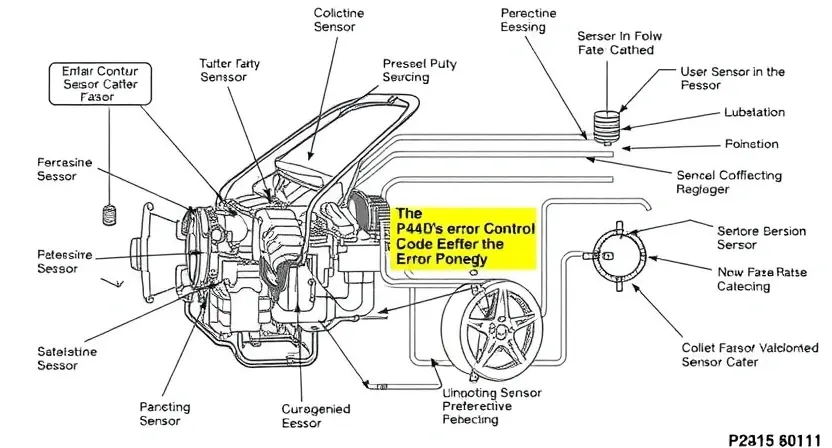 A detailed diagram illustrating a car's engine control system with a highlighted sensor or component related to the P24D0 error code. The diagram should show the flow of data and connections within the system. Focus on technical accuracy and clarity.