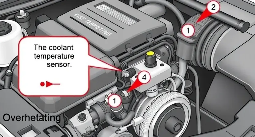 A detailed illustration of a car engine with a focus on the coolant temperature sensor, highlighting its location and connections. The engine should be depicted in a cross-sectional view to show internal components. The image should include visual indicators of potential issues such as overheating or faulty wiring.