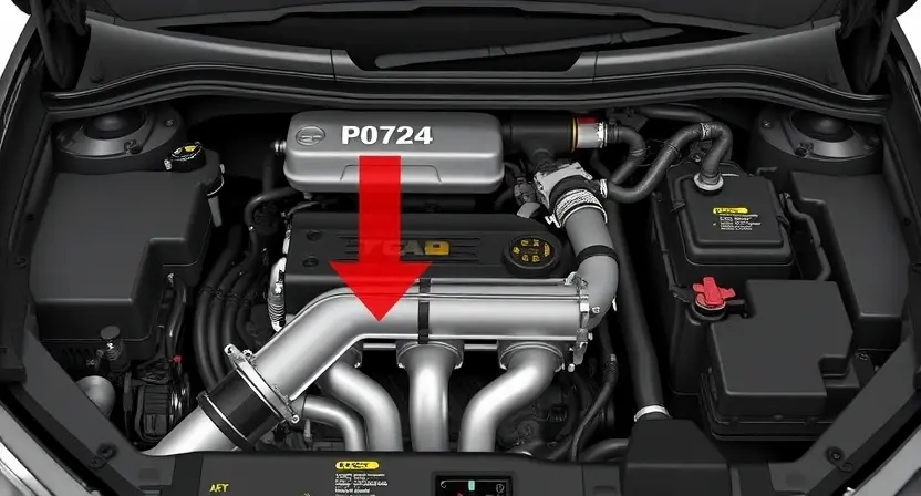 A detailed illustration of a car's engine bay, focusing on the catalytic converter and related components. The image should clearly show the P0724 error code indicator light illuminated on the dashboard. The engine should be in a neutral state, not running.