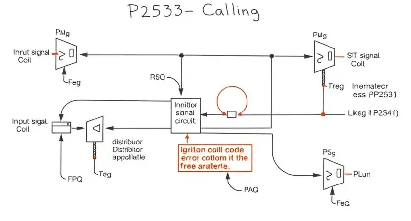 A detailed schematic diagram of an ignition coil circuit, highlighting the P2533 error code and potential points of failure. Include visual representations of the input signal circuit, wiring, and components like the ignition coil, distributor (if applicable), and sensors. The diagram should be clean, well-labeled, and illustrate the flow of electrical current.