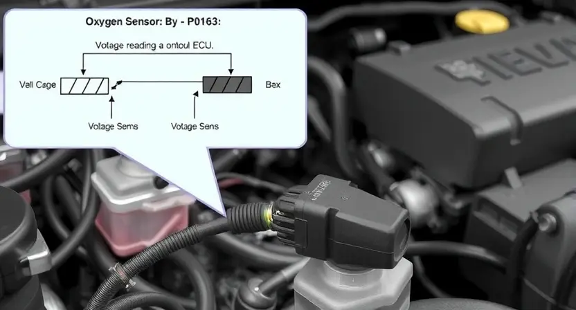 A detailed illustration of an automotive engine bay, focusing on the oxygen sensor and its wiring. The sensor should be clearly visible, along with the wiring harness connecting it to the engine control unit (ECU). Include a schematic diagram showing the voltage readings and potential causes of a P0163 code. The background should be slightly blurred to emphasize the engine components.