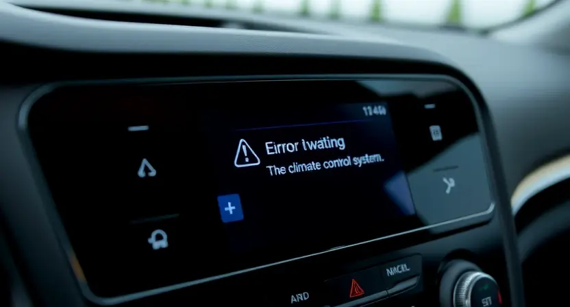 A close-up of a car's dashboard, specifically focusing on the climate control display. The display should show a warning symbol or an error message related to the climate control system. The overall aesthetic should be clean and modern, highlighting the digital interface.