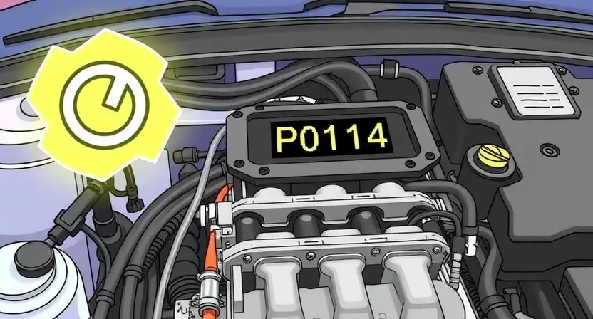 A detailed illustration of a car's engine bay with a check engine light illuminated. Focus on the diagnostic trouble code (P0114) displayed on a dashboard or screen. Include various engine components like hoses, wires, and sensors.