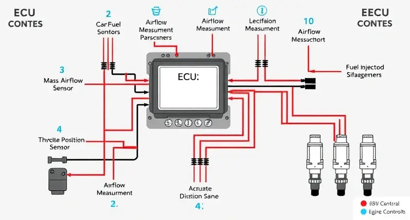 A detailed diagram illustrating a car's engine control unit (ECU) and its connection to various sensors (e.g., mass airflow sensor, throttle position sensor) and actuators (e.g., fuel injectors). Highlight the airflow measurement and fuel injection system. Use clear, technical illustrations and labels. Focus on the electrical circuit connections.