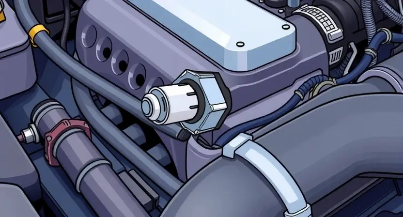 A close-up, detailed illustration of a car engine bay, focusing on the coolant temperature sensor. The sensor should be clearly visible, along with nearby hoses and wiring. The overall scene should convey a sense of automotive mechanics and diagnostics. The engine should be clean and well-maintained. Focus on the sensor's physical appearance and its connection to the engine system.