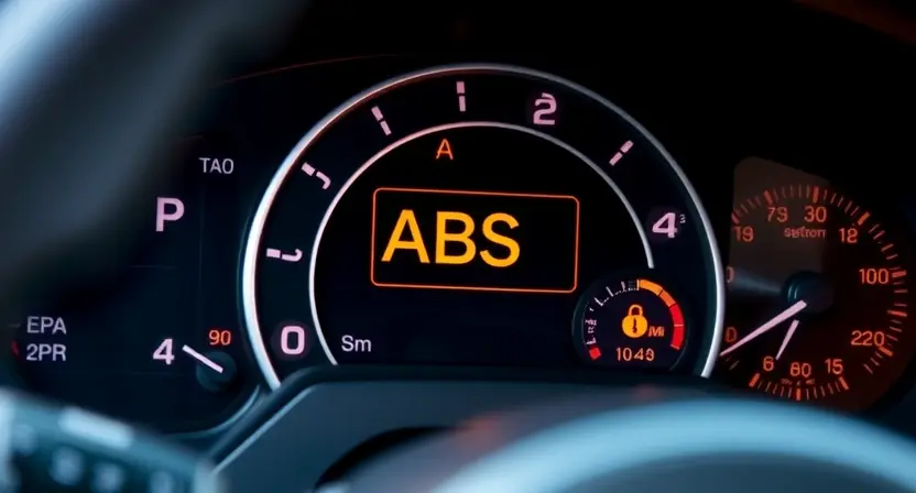 A close-up, detailed image of an automotive dashboard displaying a warning light related to the ABS system. The dashboard should be clean and modern, with a focus on the warning light and surrounding indicators. The background should be slightly blurred to emphasize the dashboard.