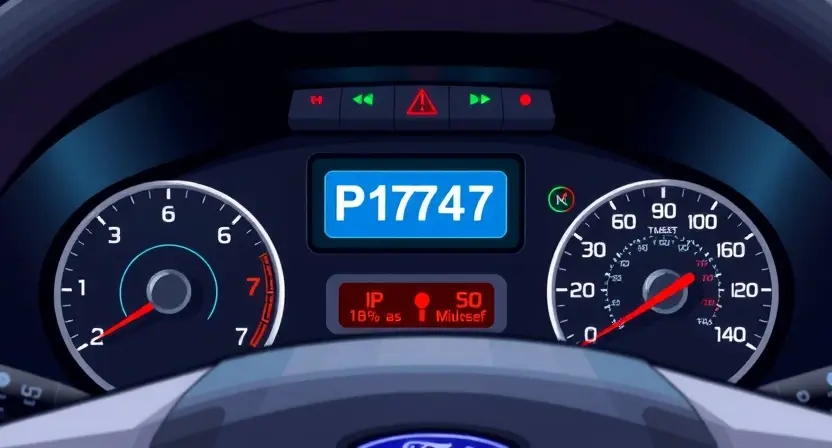 A detailed illustration of a Ford vehicle's dashboard with the P1747 error code illuminated on the display. The dashboard should show various gauges and warning lights, with a clear focus on the error message. The background should be a slightly blurred image of the car's interior.