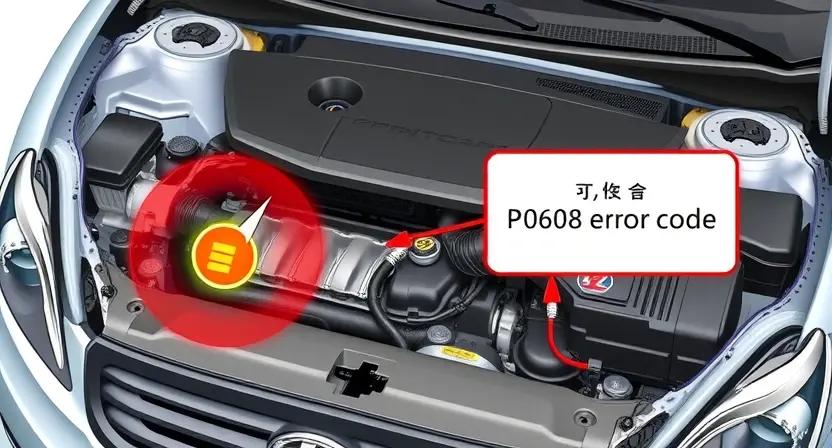 A detailed illustration of a car's engine bay, highlighting the P0608 error code indicator light. Focus on the diagnostic tools and wiring related to the code.