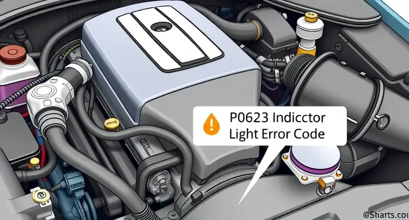 A detailed illustration of a car engine with a highlighted P0623 error code indicator light. The engine should be realistically rendered with visible components like belts, hoses, and sensors. The error code indicator should be clearly visible and illuminated.