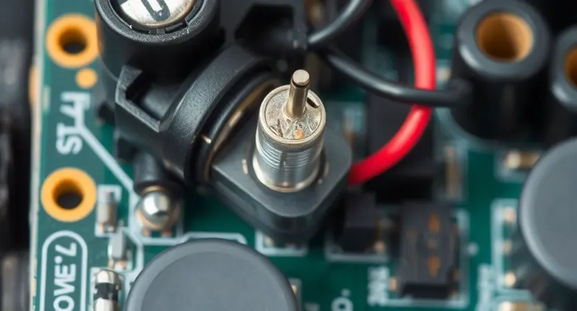 A close-up, detailed image of a circuit board with a damaged angle sensor. The sensor should be visibly faulty, perhaps with a broken connection or a corroded component. The background should be slightly blurred to emphasize the sensor. Focus on the electronic components and wiring.