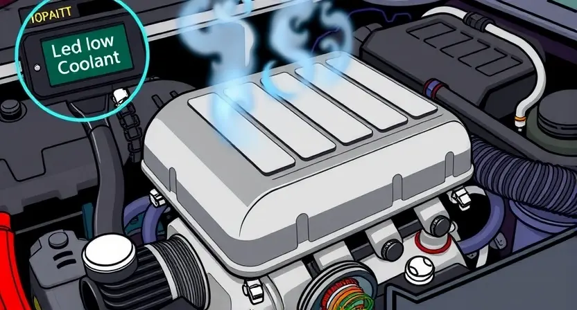 A detailed illustration of a car engine with a focus on the cooling system components, such as the radiator, thermostat, and coolant hoses. The engine should appear slightly overheated, with visible steam or heat waves emanating from it. The image should also include a digital display or gauge showing a low coolant level warning. The overall scene should convey the concept of an engine not reaching optimal operating temperature due to low coolant levels.