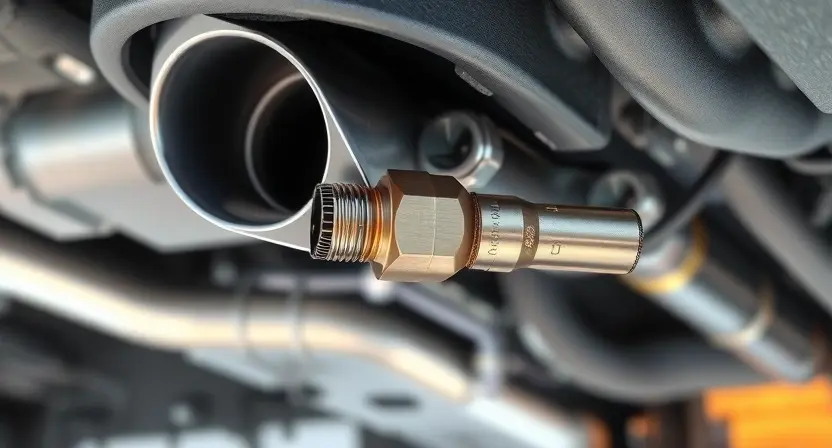 A close-up, detailed illustration of an automotive exhaust system with a focus on the oxygen sensor. The sensor should be clearly visible, showing its wiring and connection point to the exhaust pipe. The background should be a slightly blurred view of the engine compartment. The overall lighting should be bright and realistic, highlighting the metallic surfaces.