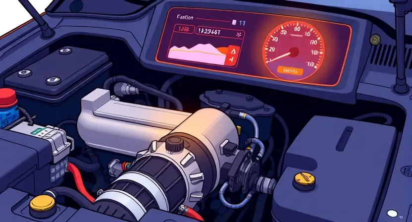 A detailed illustration of a car's engine bay with a diagnostic code light illuminated on the dashboard. Focus on the engine components, wiring, and the dashboard display. The code light should be clearly visible and highlighted.