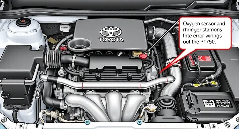 A detailed illustration of a Toyota or Lexus vehicle's engine bay, highlighting the oxygen sensor and related wiring. The image should clearly show the sensor's location and connections. Focus on the mechanical components and electrical connections relevant to a P1750 error code.