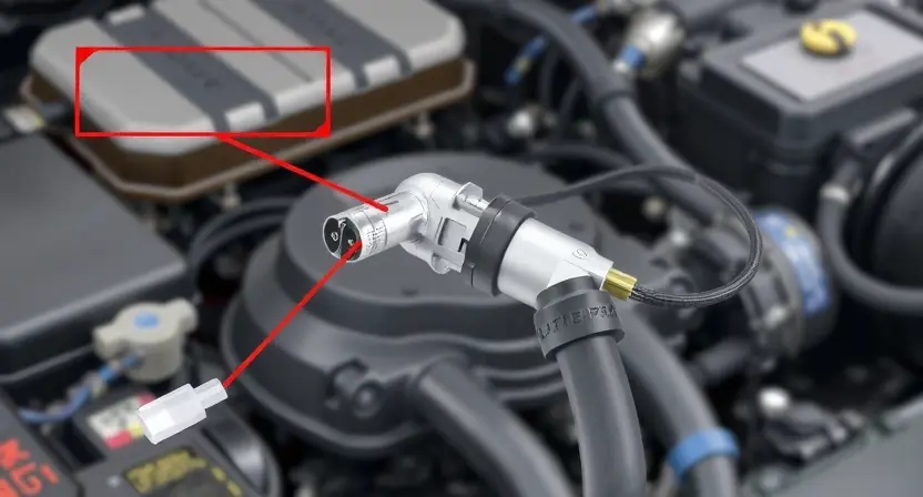 A detailed illustration of a car's fuel level sensor and associated wiring. The image should clearly show the sensor itself, its connection to the fuel tank, and the wiring harness leading to the car's electrical system. Focus on the sensor's physical components and the complexity of the wiring. The background should be a slightly blurred view of the car's engine compartment.