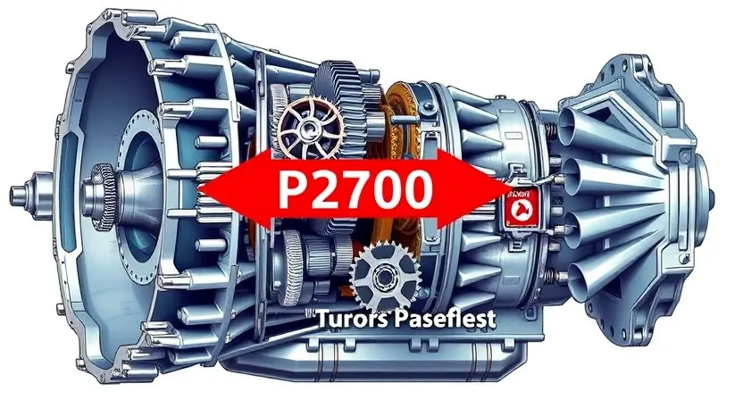 A detailed illustration depicting a transmission system with a focus on the P2700 error. Include visual representations of gears, shafts, and components, highlighting the potential cause of the error. The image should convey a sense of technical complexity and precision.