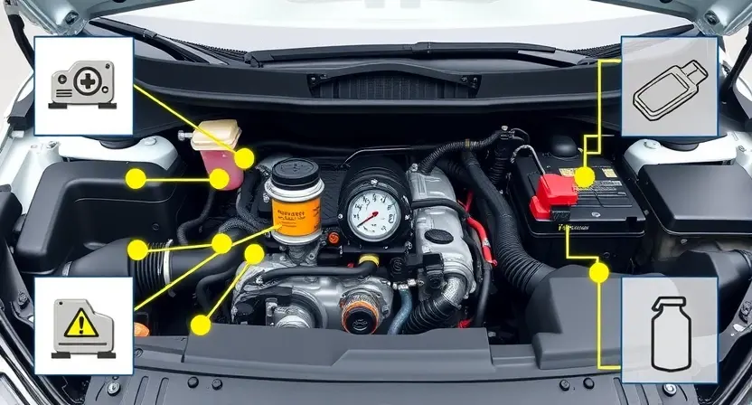 A high-quality technical illustration showing a modern car engine compartment with a highlighted fuel pressure regulator component, surrounded by subtle warning symbols and schematic diagrams of fuel system flow, clean background, professional automotive repair documentation style