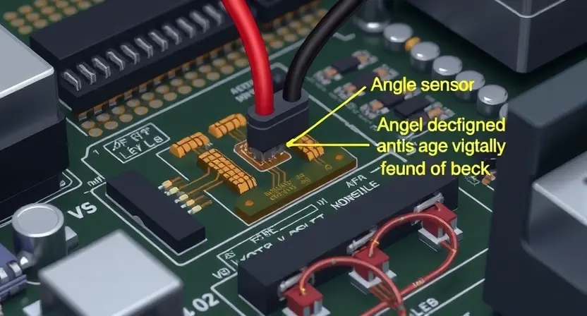 A close-up, detailed illustration of an automotive sensor circuit board, specifically highlighting the angle sensor and its connection to the vehicle's control unit. Focus on the wiring, components, and potential areas of signal degradation. The image should convey a sense of technical precision and complexity.