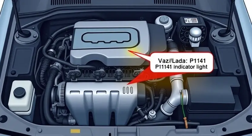 A detailed illustration of a VAZ/Lada car engine bay, highlighting the P1141 error code indicator light. The engine should be well-lit, showing various components like the intake manifold, engine block, and wiring. Focus on the error light being clearly visible.