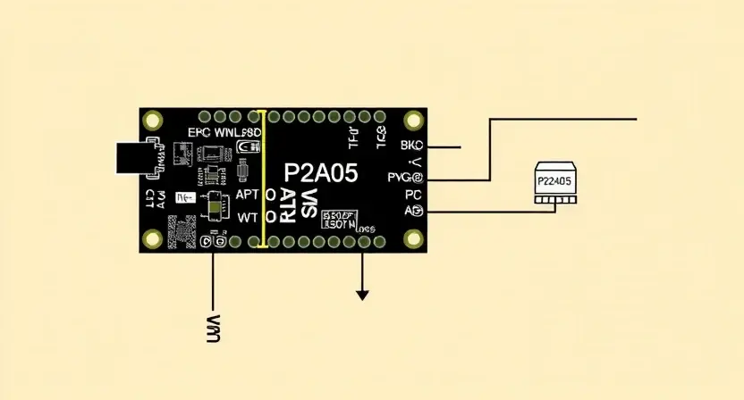 A detailed schematic diagram illustrating a circuit board with a highlighted component labeled 'P2A05'. Arrows indicate the flow of electricity. The background is a clean, neutral color. Focus on technical accuracy and clarity.