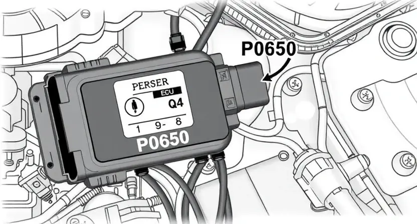 A detailed illustration of an engine control unit (ECU) with various sensors and wiring, highlighting the P0650 error code indicator. The background should be a clean, technical environment.