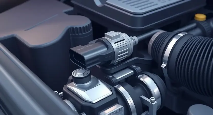 A close-up, detailed illustration of a car's engine bay, highlighting the Mass Airflow Sensor (MAP sensor). The sensor should be clearly visible, with surrounding engine components subtly in focus. Include a visual representation of airflow entering the sensor. Focus on the sensor's physical appearance and its connection to the engine system.