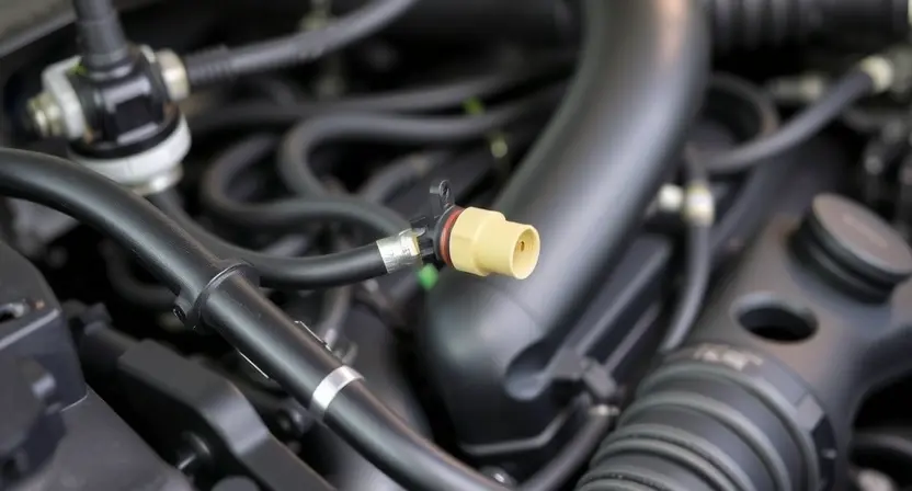 A close-up, detailed image of a car's engine bay, specifically focusing on the coolant temperature sensor. The sensor should be clearly visible, along with surrounding hoses and wiring. The engine should appear clean and well-maintained. The background should be slightly blurred to emphasize the sensor.