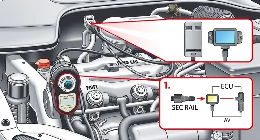 A detailed illustration of a car engine bay, focusing on the fuel temperature sensor. The sensor should be clearly visible, connected to wiring, and near the fuel rail. Include diagnostic tools and a schematic diagram showing the sensor's connection to the engine control unit (ECU). The overall scene should convey a technical and informative atmosphere.