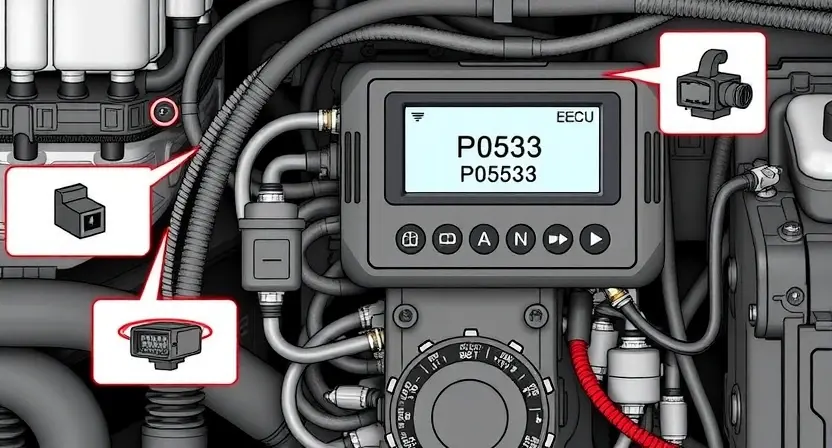 A detailed illustration of a car's engine control unit (ECU) with various diagnostic tools connected. Focus on the ECU's display showing a P0533 error code. Include visual representations of relevant sensors and wiring.
