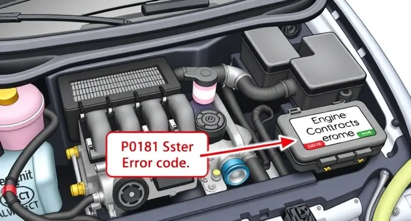 A detailed illustration of a car's fuel system with a highlighted P0181 error code indicator. The image should show fuel injectors, fuel pump, fuel filter, and the engine control unit (ECU). The background should be a clean, technical environment.