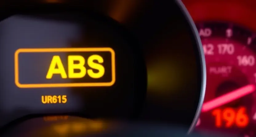 A close-up, detailed illustration of a car's dashboard with the ABS warning light illuminated. The focus should be on the warning light itself, clearly visible and brightly lit. The background should be slightly blurred, showing the general dashboard layout. The overall color palette should be realistic and automotive-focused.