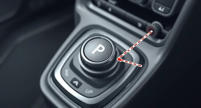 A close-up, detailed illustration of a car's center console, specifically focusing on the electronic parking brake button and the associated wiring harness. The image should highlight the button itself, the surrounding control panel, and the connections to the wiring. The background should be blurred to emphasize the central components. Focus on the electrical connections and potential points of failure.