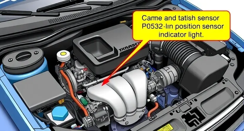 A detailed illustration of a car's engine bay, highlighting the P0532 error code indicator light. The engine should be partially disassembled to show relevant components like the crankshaft position sensor and camshaft position sensor. Focus on clarity and technical accuracy.