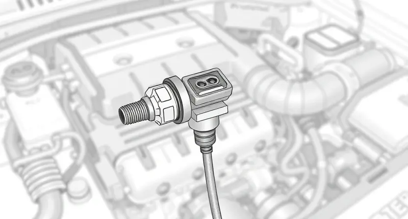 A detailed illustration of a fuel system low-pressure sensor, showing its components and connections within a car's fuel system. Focus on the sensor itself, wiring, and the fuel lines. The background should be a slightly blurred view of a car engine bay.