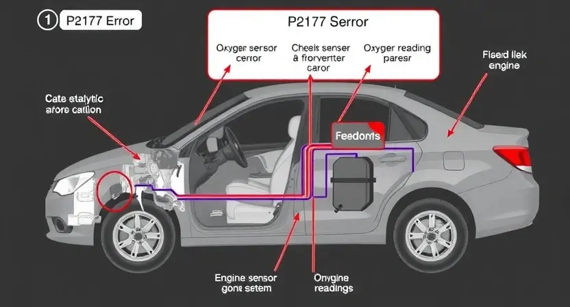 A detailed diagram illustrating a car's emissions control system, specifically highlighting the components related to P2177 error. Show the oxygen sensor, catalytic converter, and relevant engine parts. Use clear arrows to indicate the flow of exhaust gases and sensor readings. The diagram should be clean, professional, and easy to understand, focusing on the system's functionality and potential points of failure.