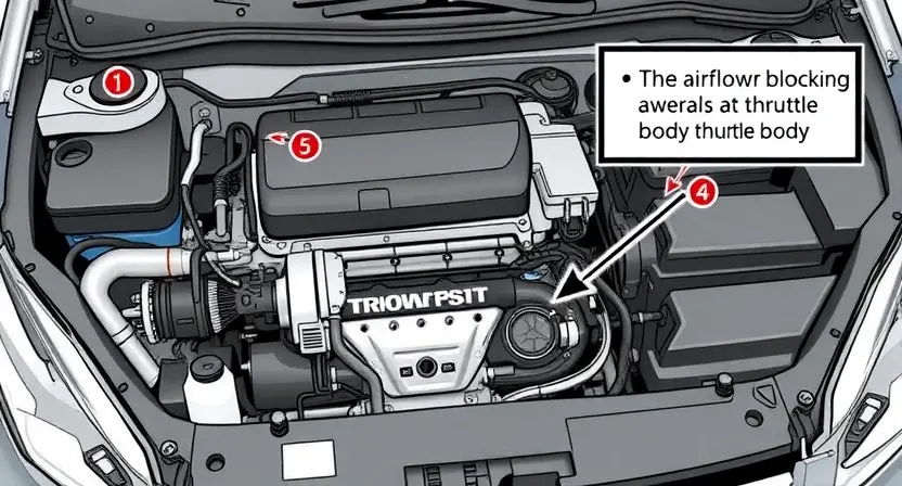 A detailed illustration of a car's engine bay, focusing on the throttle body and related components. Highlight the airflow path and potential areas of blockage. Include visual cues representing a malfunctioning throttle body, such as dust or debris accumulation. The overall image should be clean and informative, suitable for a repair manual.