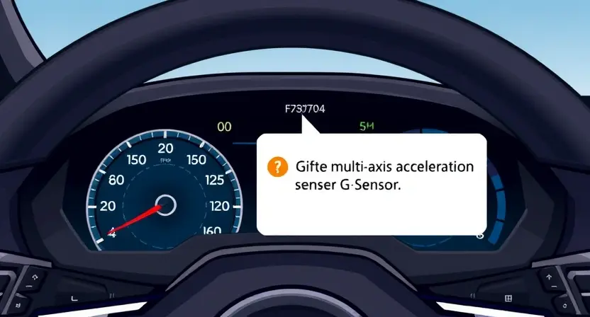 A detailed illustration of a car's dashboard with a highlighted error message indicating a loss of connection with the multi-axis acceleration sensor (G-Sensor). The dashboard should show a modern car interior, focusing on the instrument cluster and warning lights. The G-sensor icon should be clearly visible, perhaps with a broken connection symbol. The overall aesthetic should be clean and informative, suitable for a technical guide.