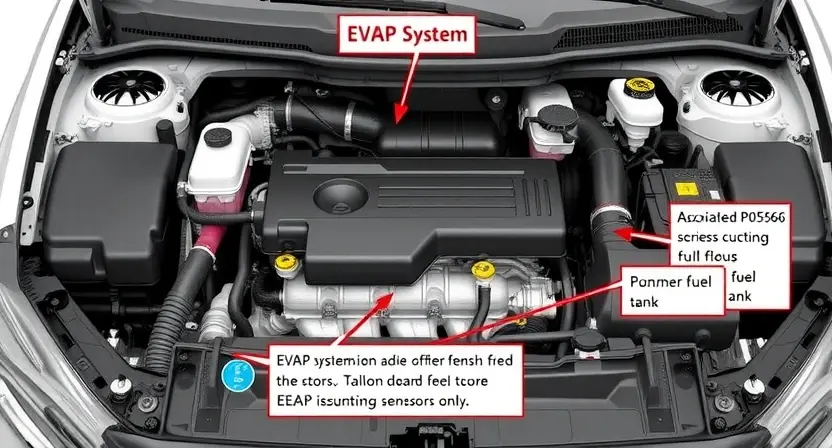 A detailed illustration of a car engine bay with various components clearly visible, focusing on the area related to the P0556 error code. Include diagrams or labels pointing to relevant parts like the EVAP system, fuel tank, and associated sensors. The image should be informative and visually represent the system's function.