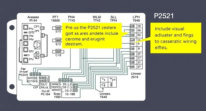 A detailed schematic diagram of an automotive engine control unit (ECU) with highlighted areas corresponding to the P2521 error code. Include visual representations of sensors, actuators, and wiring. Focus on clarity and technical accuracy.