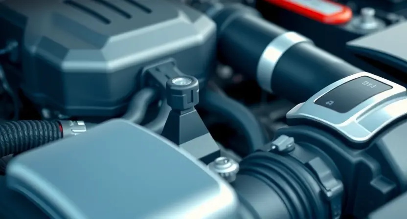 A close-up, detailed illustration of a car engine bay with a focus on the Mass Air Flow (MAF) sensor. The sensor should be clearly visible, along with surrounding engine components like air intake hoses and wiring. The overall lighting should be bright and clean, highlighting the sensor's physical characteristics. The background should be slightly blurred to emphasize the MAF sensor. The image should convey a sense of technical precision and automotive diagnostics.