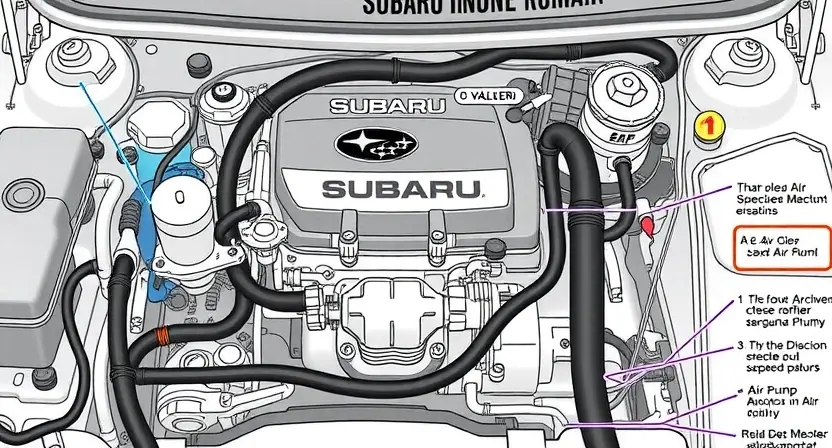A detailed technical illustration of a Subaru vehicle's secondary air injection system, showing components like the air pump, valves, and hoses with clear labels and diagrams, rendered in a clean, educational style suitable for automotive repair documentation