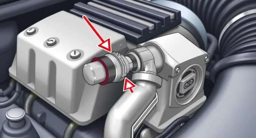 A close-up illustration of an engine bay with a highlighted intake air temperature (IAT) sensor. The sensor should be clearly visible, with arrows pointing to its location and the surrounding air intake system. Include subtle visual cues indicating airflow. Focus on the sensor's physical appearance and its connection to the engine. The background should be slightly blurred to emphasize the sensor.