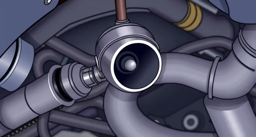 A close-up, detailed illustration of a car's exhaust system, specifically focusing on the oxygen sensor (lambda sensor). The sensor should be clearly visible, along with the surrounding exhaust pipes and engine components. The image should convey a sense of automotive mechanics and diagnostics. The color palette should be realistic, reflecting the metallic tones of the car parts.
